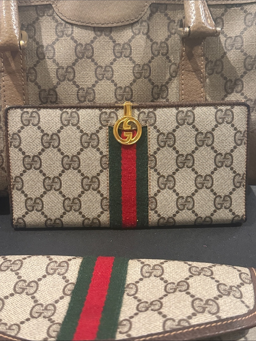 Gucci Beige GG Supreme Canvas Continental Wallet with Red and Green Web